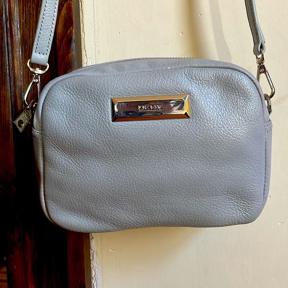 DKNY genuine leather dove gray crossbody minimalist bag excellent condition